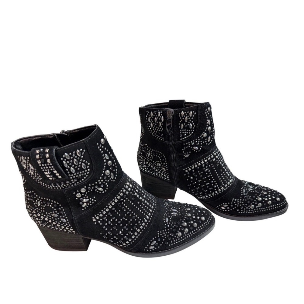 Fergie Black Studded Rhinestone Ankle Boots Western Boho Zip Heel Women's 6.5